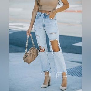 VICI CANYON HIGH RISE DISTRESSED CROP FLARE DENIM
